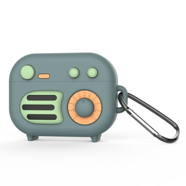 2 PCS Retro Radio Shape Protective Cover Silicone Case for AirPods Pro, Colour: Green+Metal Hook