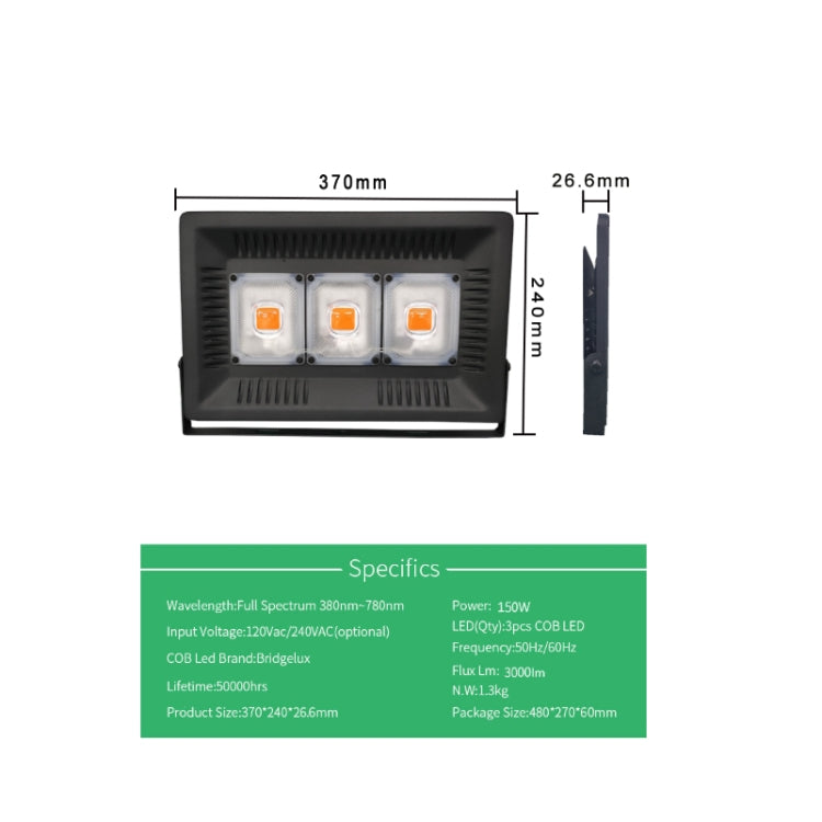 150W  Ultra-Thin LED Plant Light, Full Spectrum COB Growth Light, Vegetable, Fruit & Flower Greenhouse Fill Light Without Plug