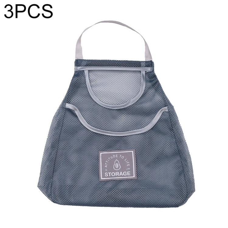 3 PCS Multifunctional Mesh Bag Storage Bag Portable And Carryable Hanging Bag For Fruit And Vegetable, Colour: Gray (Medium)
