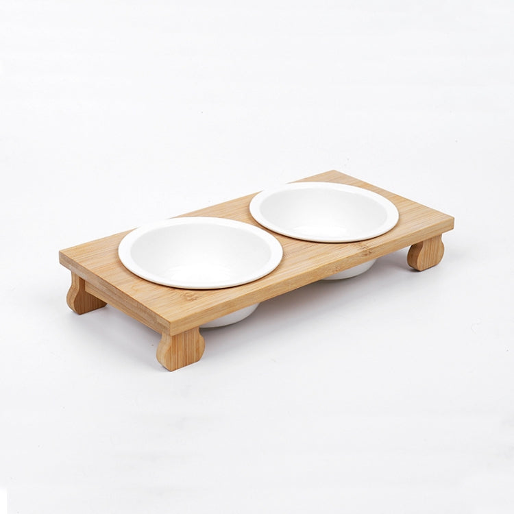 Bamboo And Wood Ceramic Cat Bowl Pet Supplies, Specification: Double Bowl
