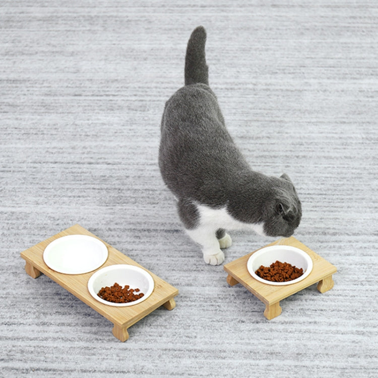 Bamboo And Wood Ceramic Cat Bowl Pet Supplies, Specification: Double Bowl