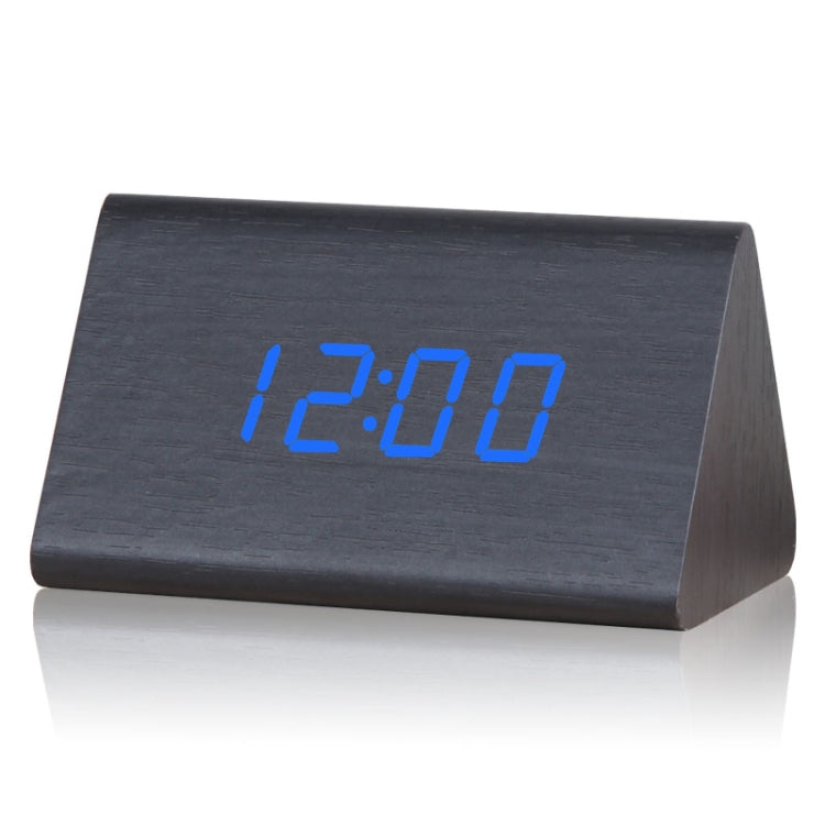 Mute Luminous Electronic Clock Wooden Sound Control Small Triangle Alarm Clock Black Wood Blue Light