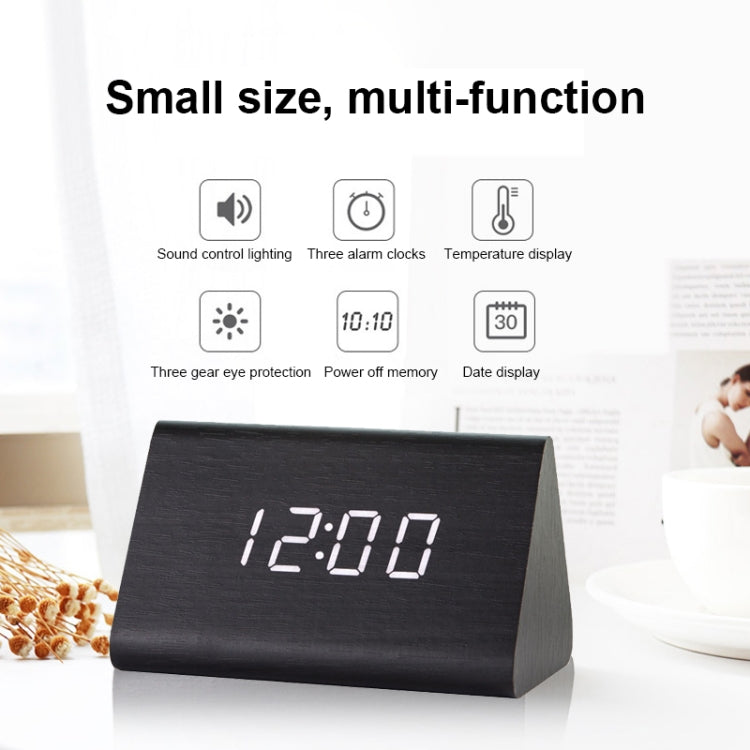 Mute Luminous Electronic Clock Wooden Sound Control Small Triangle Alarm Clock Black Wood Blue Light