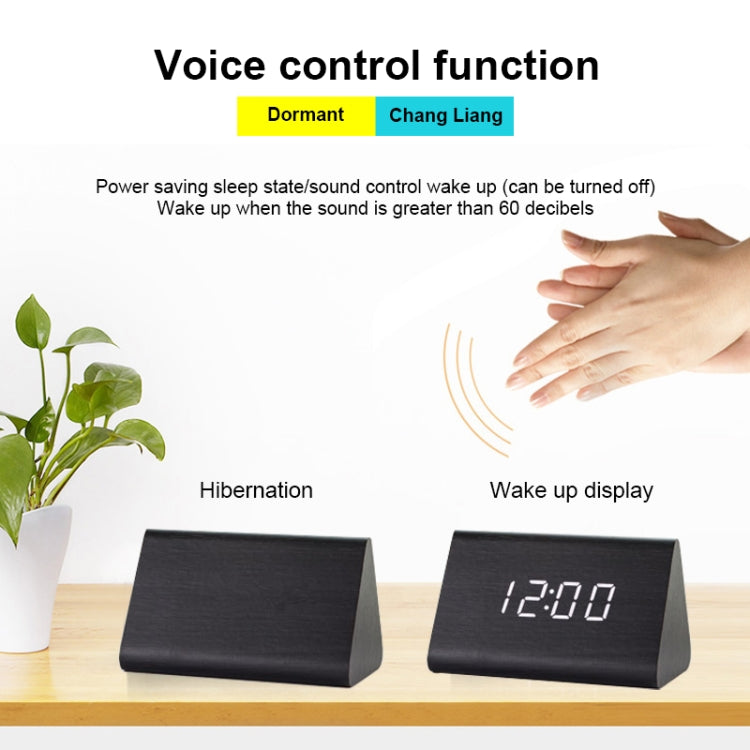 Mute Luminous Electronic Clock Wooden Sound Control Small Triangle Alarm Clock Black Wood Blue Light