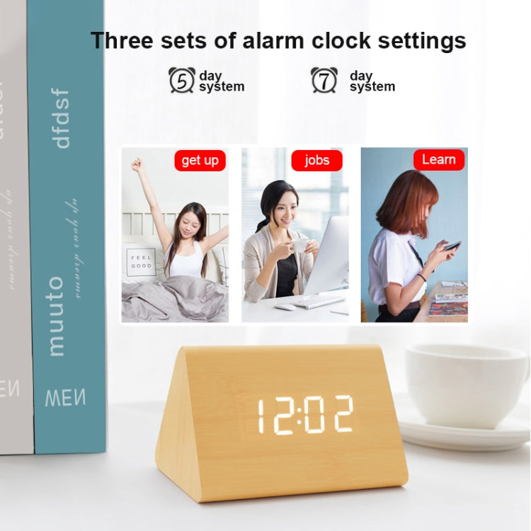 Mute Luminous Electronic Clock Wooden Sound Control Small Triangle Alarm Clock Black Wood Blue Light