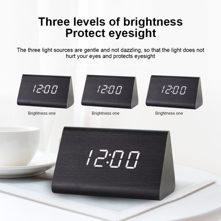 Mute Luminous Electronic Clock Wooden Sound Control Small Triangle Alarm Clock Black Wood Blue Light