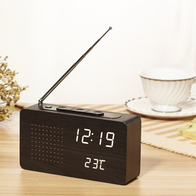 Dotted Black Wood White Light Multifunctional Retro Radio Wooden Alarm Clock Mute Electronic Clock