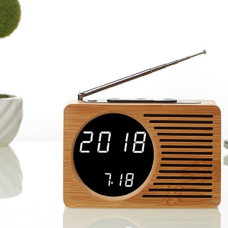 Horizontal Strip Bamboo Mirror White Lamp Multifunctional Retro Radio Wooden Alarm Clock Mute Electronic Clock