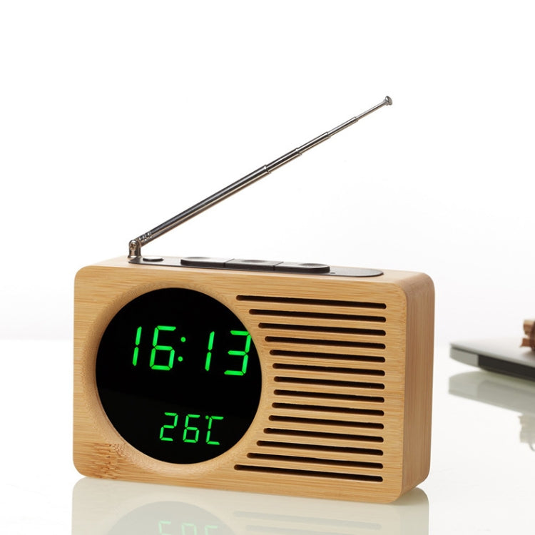Horizontal Strip Bamboo Mirror Green Light Multifunctional Retro Radio Wooden Alarm Clock Mute Electronic Clock