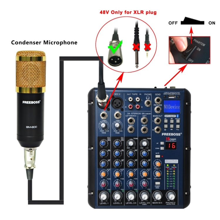 SMR6 Bluetooth USB Record 2 Mono + 2 stereo 6 Channels 3 Band EQ 16 DSP Effect USB Professional Audio Mixer