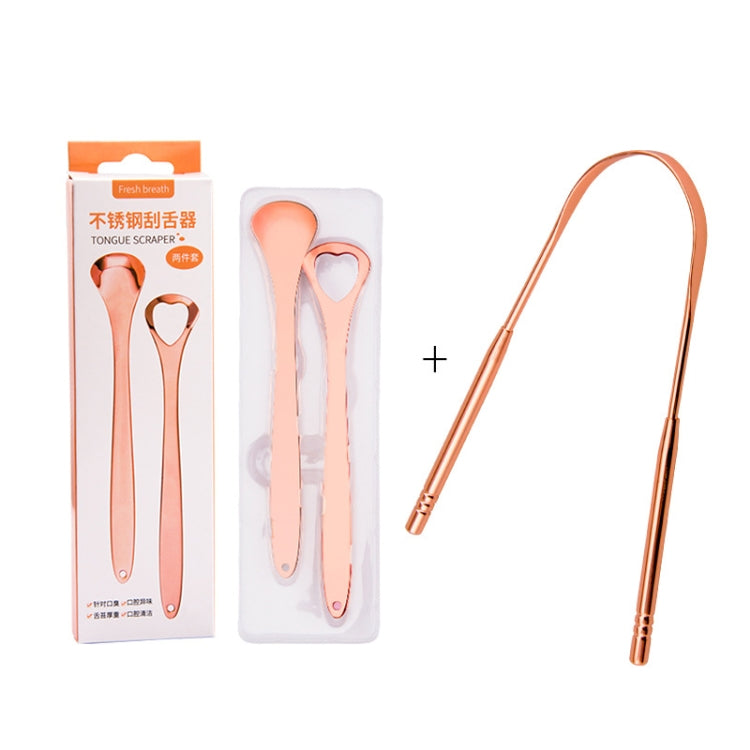 2 PCS Tongue Cleaner Bad Breath Stainless Steel Cleaning Brush Tongue Scraper + Two-piece Set (Rose Gold)