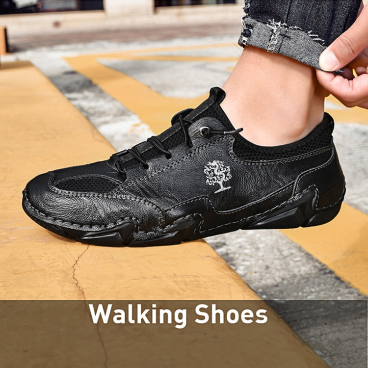 Men Casual Cowhide Soft Sole Peas Shoes Breathable Mesh Leather Shoes, Size: 45