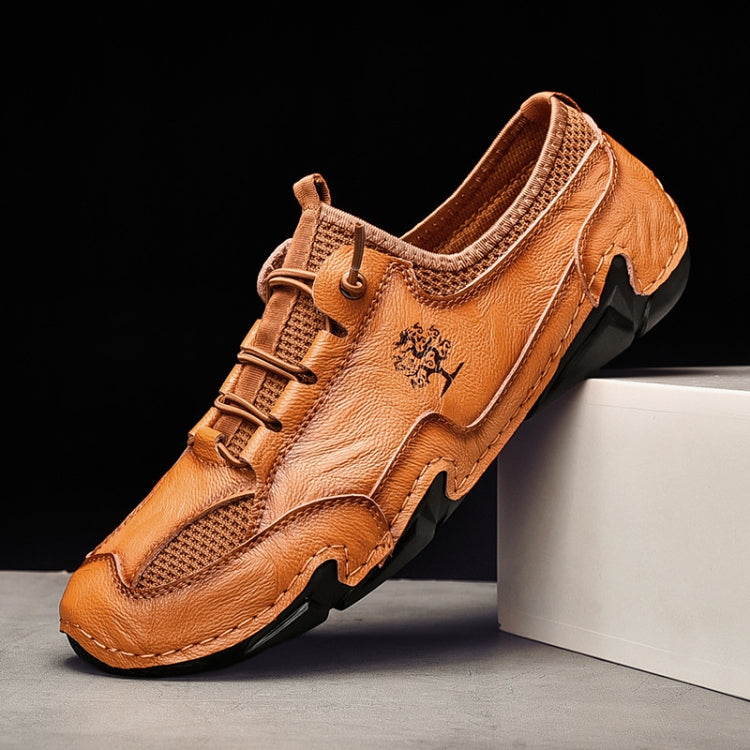 Men Casual Cowhide Soft Sole Peas Shoes Breathable Mesh Leather Shoes, Size: 45