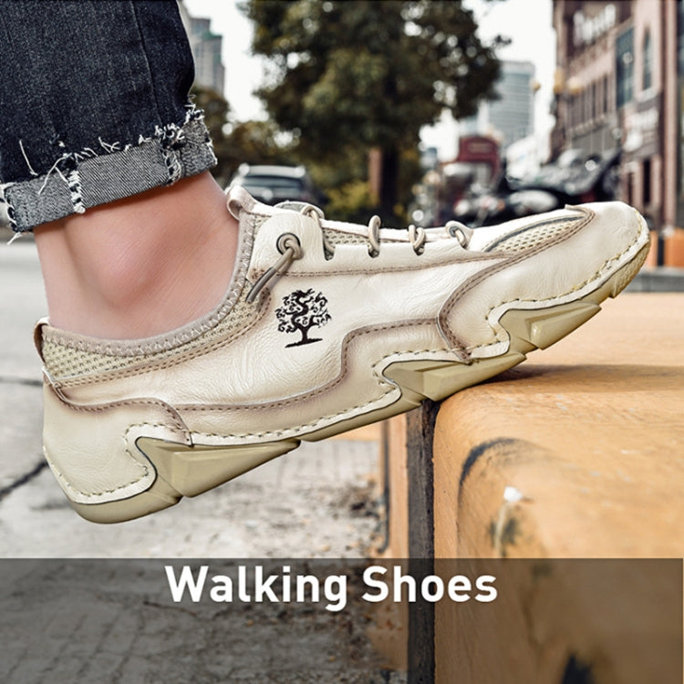 Men Casual Cowhide Soft Sole Peas Shoes Breathable Mesh Leather Shoes, Size: 45