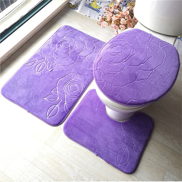 2 Sets Three-Piece Set Flannel Anti-Slip Kitchen Bath Toilet Rug Mat Washable Carpet