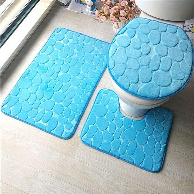 2 Sets Three-Piece Set Flannel Anti-Slip Kitchen Bath Toilet Rug Mat Washable Carpet