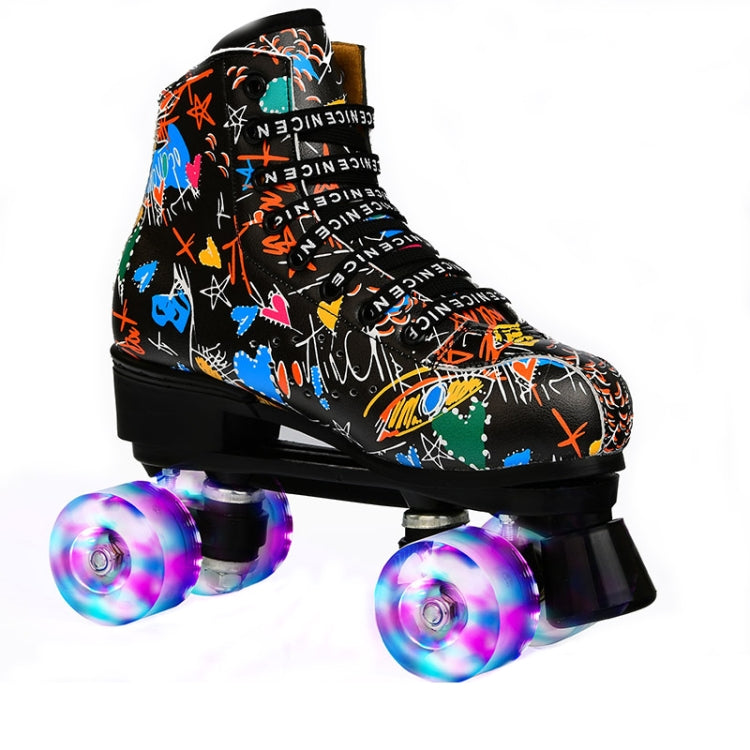 Adult Children Graffiti Roller Skates Shoes Double Row Four-Wheel Roller Skates Shoes, Size: 39