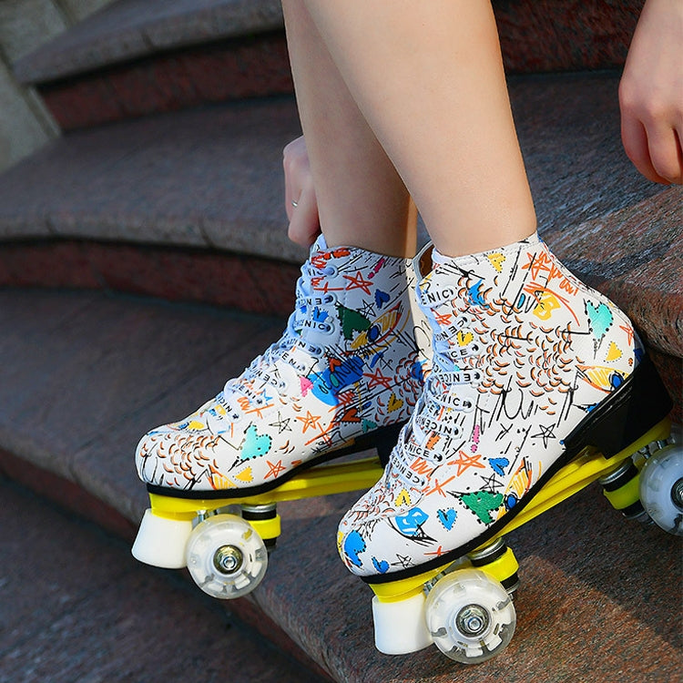 Adult Children Graffiti Roller Skates Shoes Double Row Four-Wheel Roller Skates Shoes, Size: 39