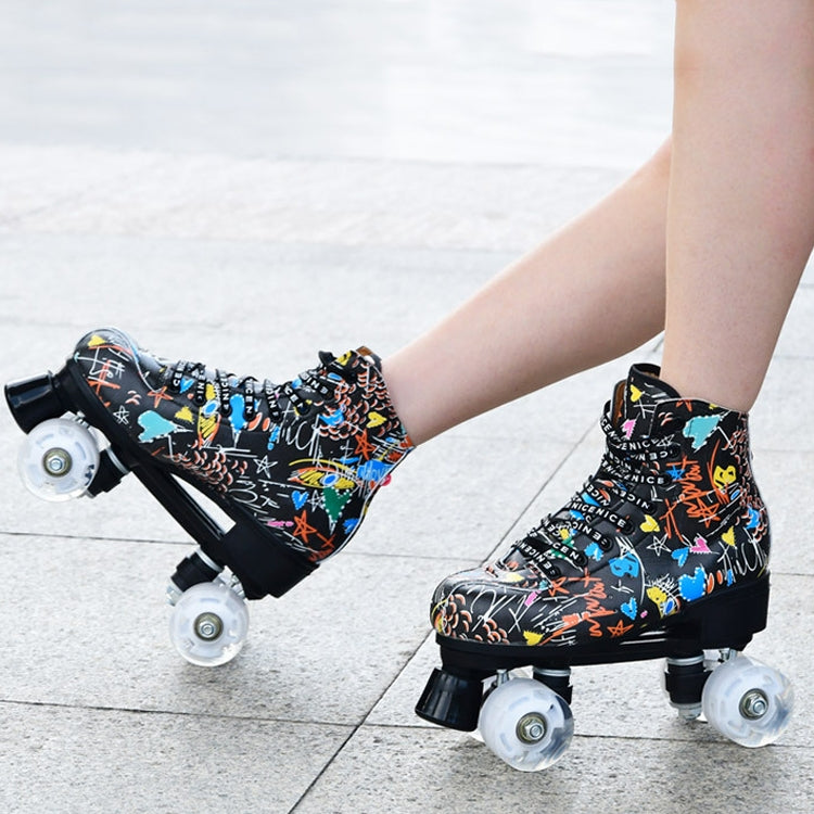 Adult Children Graffiti Roller Skates Shoes Double Row Four-Wheel Roller Skates Shoes, Size: 39