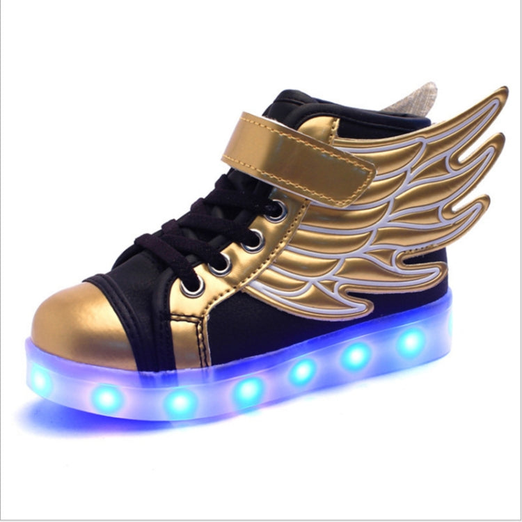 USB Charging Wings Colorful Luminous Shoes Flash Casual Kids Shoes, Size: 34(Black Gold)