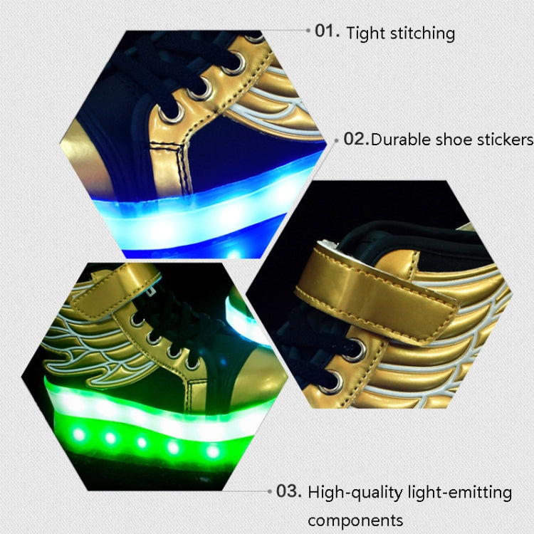 USB Charging Wings Colorful Luminous Shoes Flash Casual Kids Shoes, Size: 34(Black Gold)