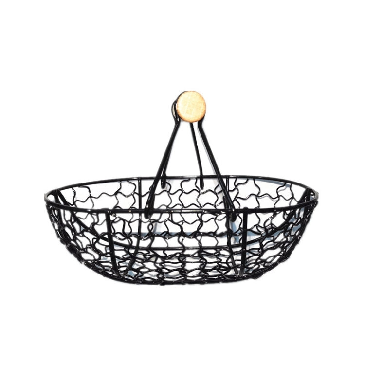 Wrought Iron Fruit Portable Storage Basket Bread French Fries Fried Snacks Portable Basket Black Iron + Beech Oval Handle