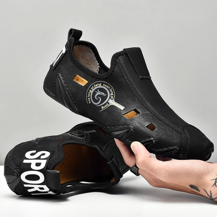 Men Sneakers Large Size Soft Sole Lazy Hollow Leather Shoes All-Match Peas Shoes, Size: 38