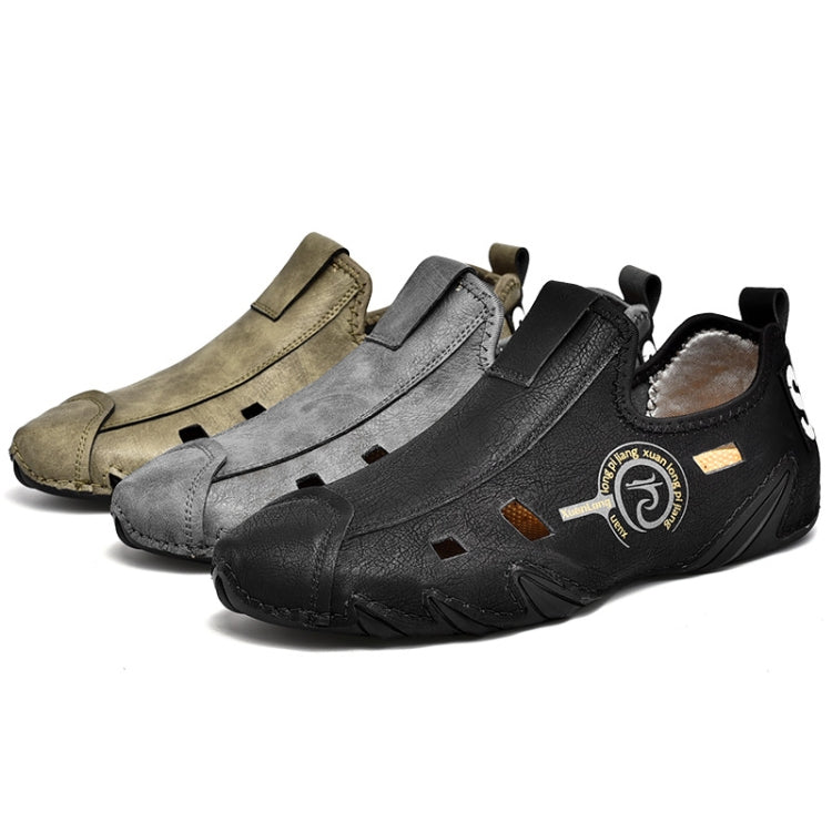 Men Sneakers Large Size Soft Sole Lazy Hollow Leather Shoes All-Match Peas Shoes, Size: 40(Khaki)