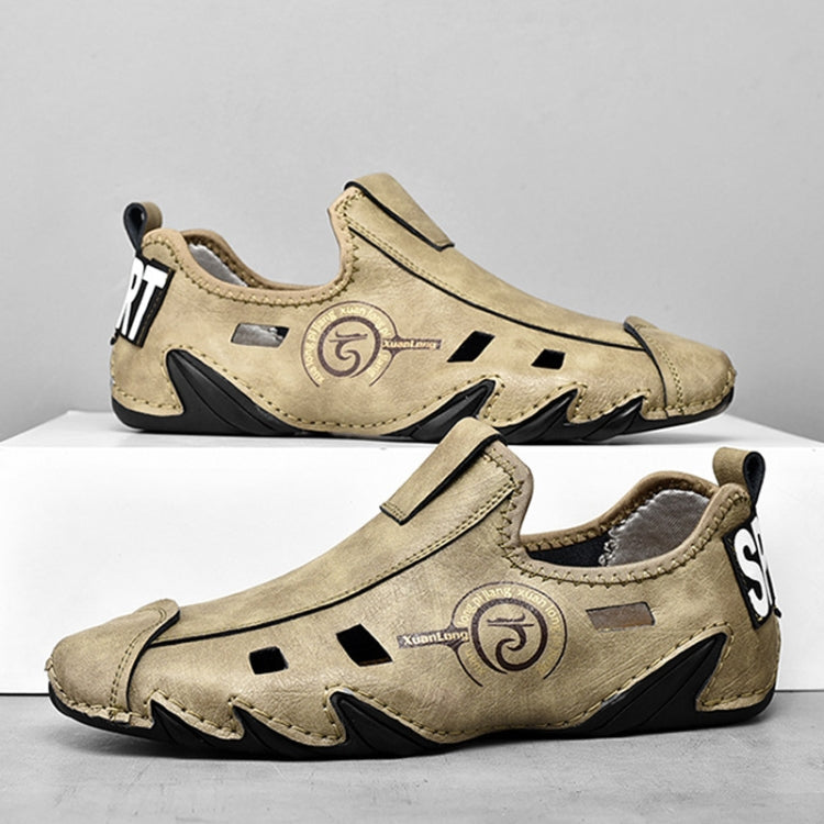 Men Sneakers Large Size Soft Sole Lazy Hollow Leather Shoes All-Match Peas Shoes, Size: 40(Khaki)
