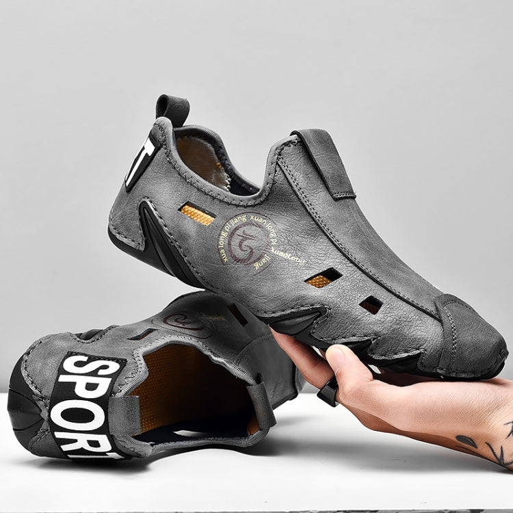 Men Sneakers Large Size Soft Sole Lazy Hollow Leather Shoes All-Match Peas Shoes, Size: 45