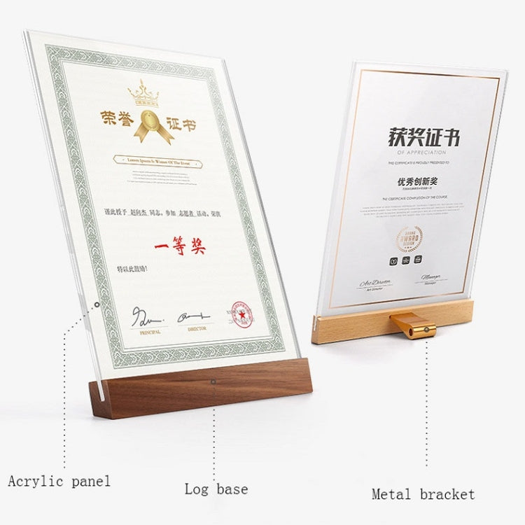 Transparent Acrylic Wooden Base Certificate Photo Frame Vertical Walnut