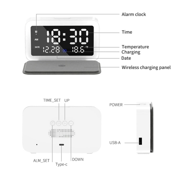15W Mobile Phone Wireless Charging Clock Night Light Alarm Clock(White)