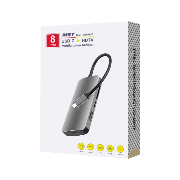 8 In 1 USB-C / Type-C To 3 USB 3.0 + Dual 4K HDMI + SD / TF Card Slot + PD USB-C / Type-C Charging Ports Multifunctional HUB Docking Station