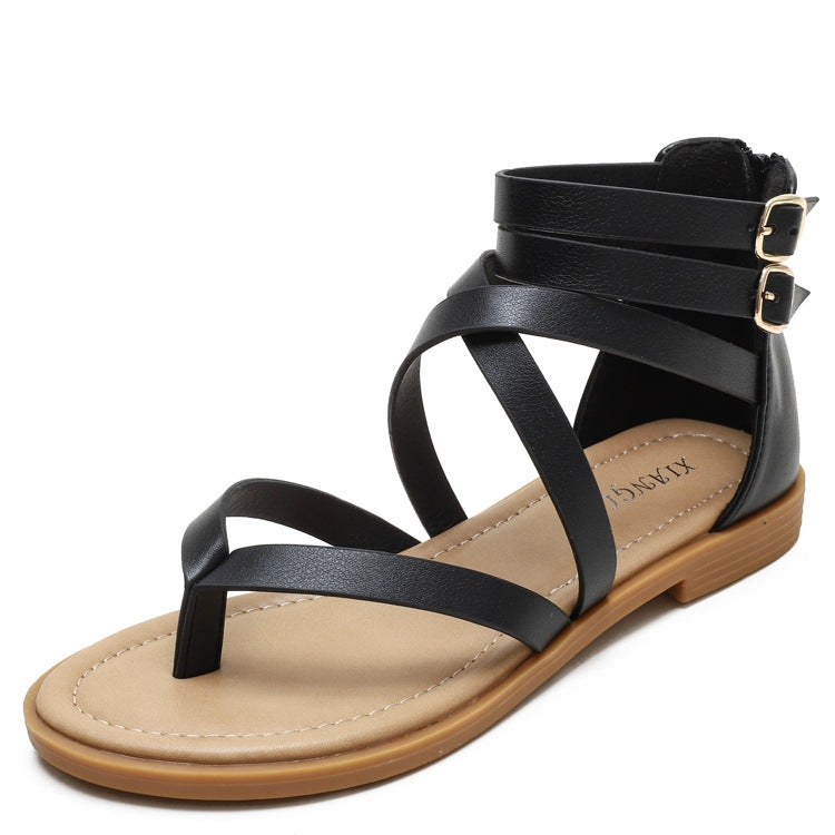 Ladies Summer Strappy Cross Sandals Roman Style Low-Heeled Retro Shoes, Size: 41