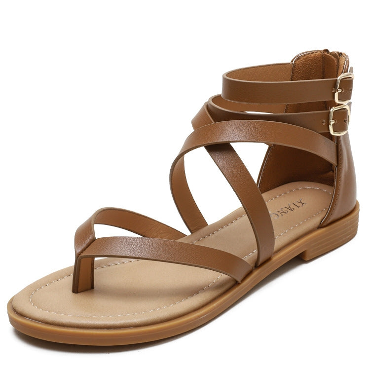 Ladies Summer Strappy Cross Sandals Roman Style Low-Heeled Retro Shoes, Size: 41