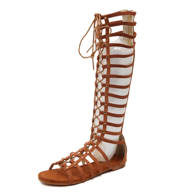 Women Roman Style Sandals Flat Hollow Strap High-Top Sandals, Size: 36