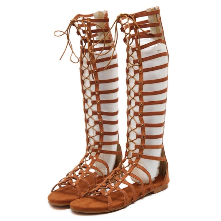 Women Roman Style Sandals Flat Hollow Strap High-Top Sandals, Size: 37