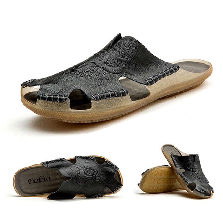 Summer Men Leather Slippers Casual Large Size Flat Beach Shoes, Size: 42