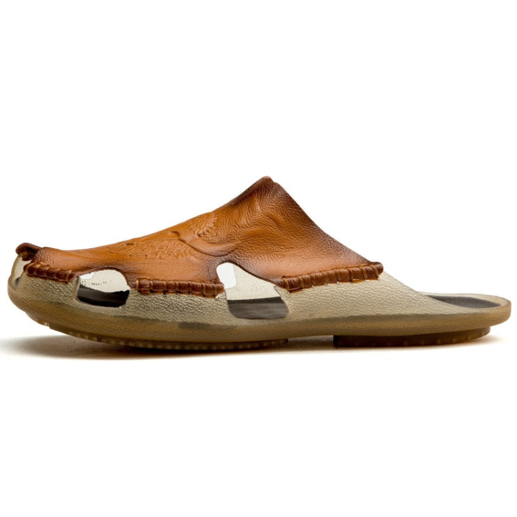 Summer Men Leather Slippers Casual Large Size Flat Beach Shoes, Size: 42