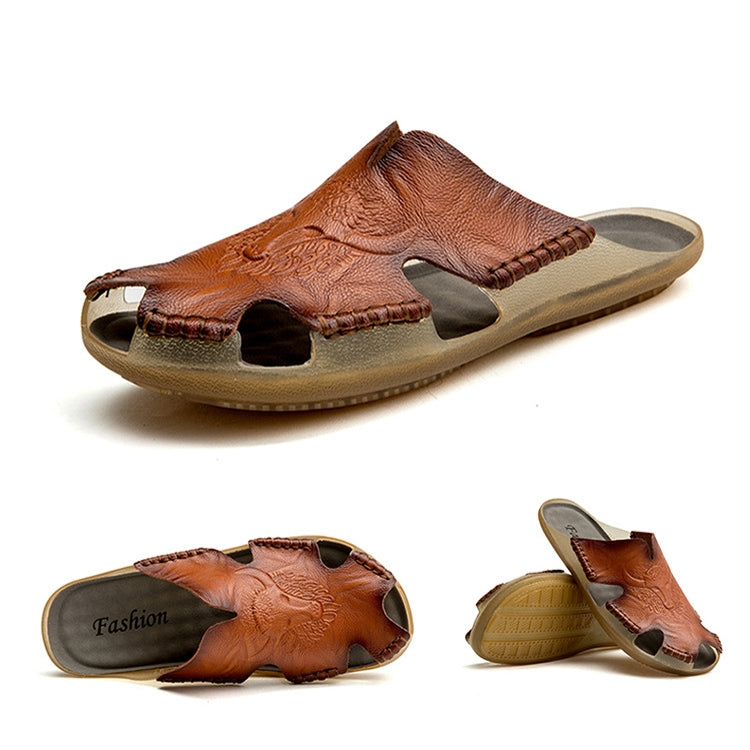 Summer Men Leather Slippers Casual Large Size Flat Beach Shoes, Size: 42