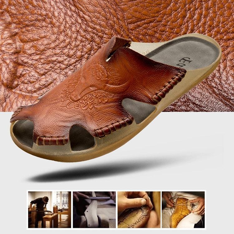 Summer Men Leather Slippers Casual Large Size Flat Beach Shoes, Size: 42