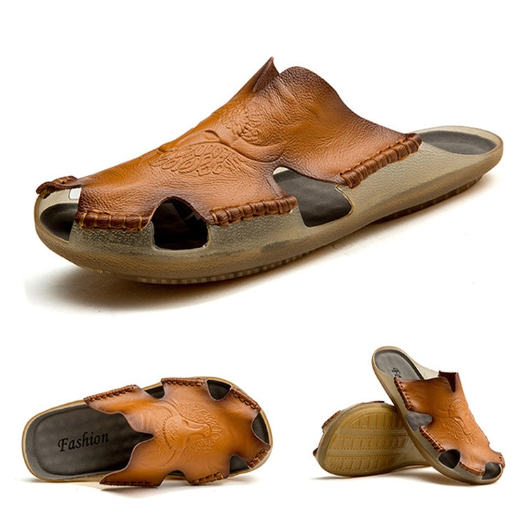 Summer Men Leather Slippers Casual Large Size Flat Beach Shoes, Size: 43