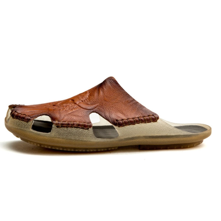 Summer Men Leather Slippers Casual Large Size Flat Beach Shoes, Size: 46(Red Brown)