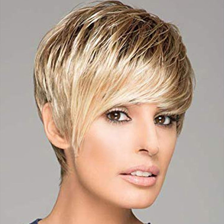 Ladies Short Straight Hair Oblique Bangs Wig and Chemical Fiber Headgear