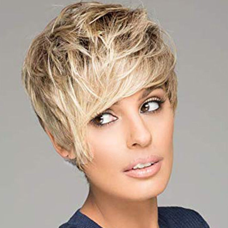 Ladies Short Straight Hair Oblique Bangs Wig and Chemical Fiber Headgear