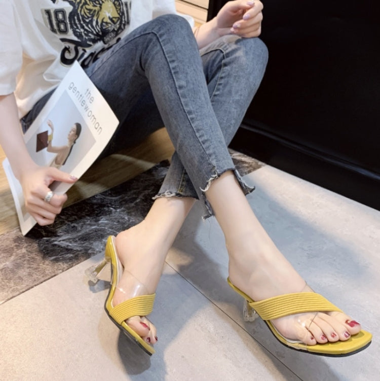 Ladies Outer Slippers Transparent Open Toe High Heel Sandals, Size: 37(Yellow)