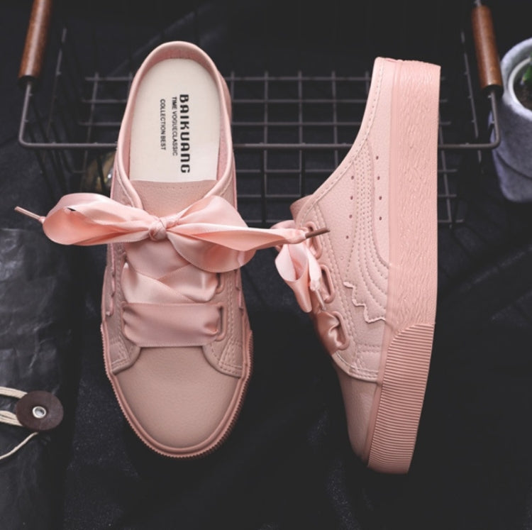No Heel Ribbon White Shoes Women All-Match Sneakers, Size: 35