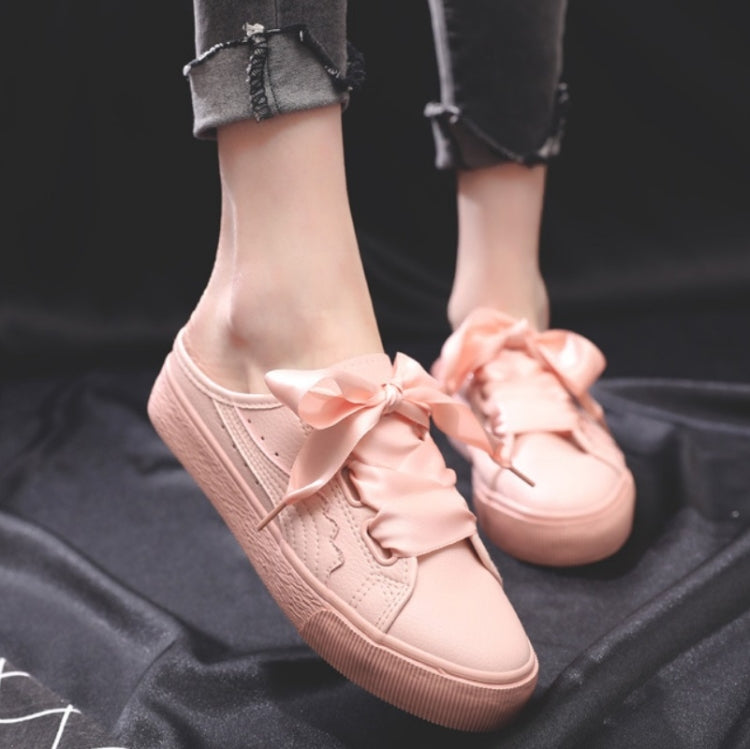 No Heel Ribbon White Shoes Women All-Match Sneakers, Size: 35