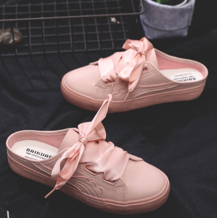 No Heel Ribbon White Shoes Women All-Match Sneakers, Size: 36