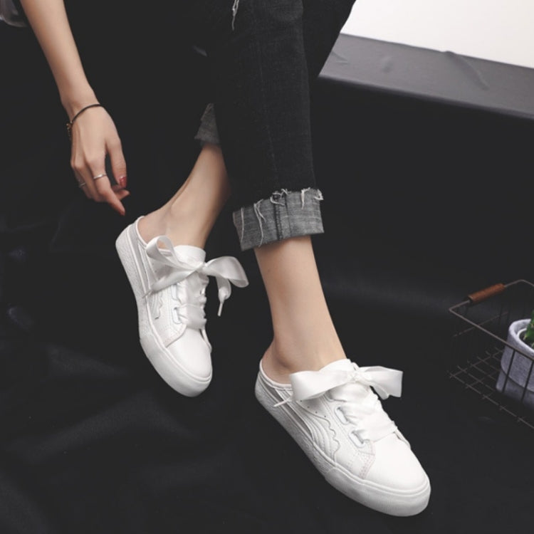 No Heel Ribbon White Shoes Women All-Match Sneakers, Size: 38